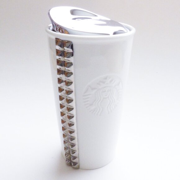 Starbucks 2014 White Ceramic Silver Studded Travel Coffee Mug With Lid 10oz - Picture 9 of 12